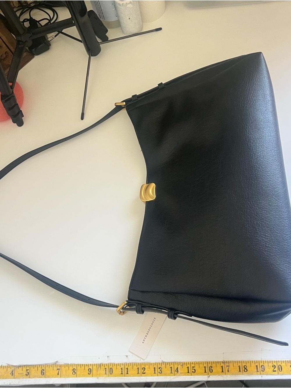 Anthropologie Foldover Slouchy Buckle Shoulder Bag Faux Leather Black NWT - Picture 11 of 16